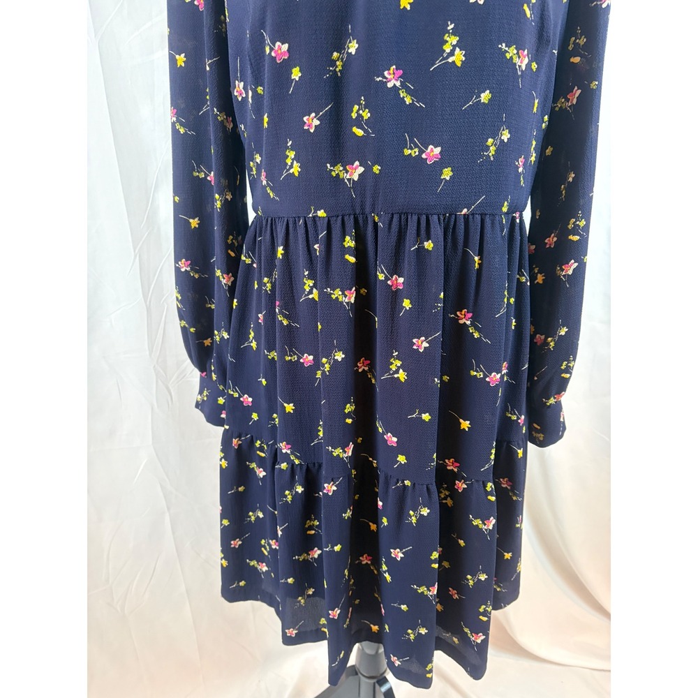 Navy Blue‎ Floral Tiered Mini Dress Long Sleeve V Neck - Picture 9 of 11